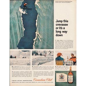 1959 Canadian Club Rye Whisky Vintage Print Ad Alpine Skiing Crevasse Photo 50s